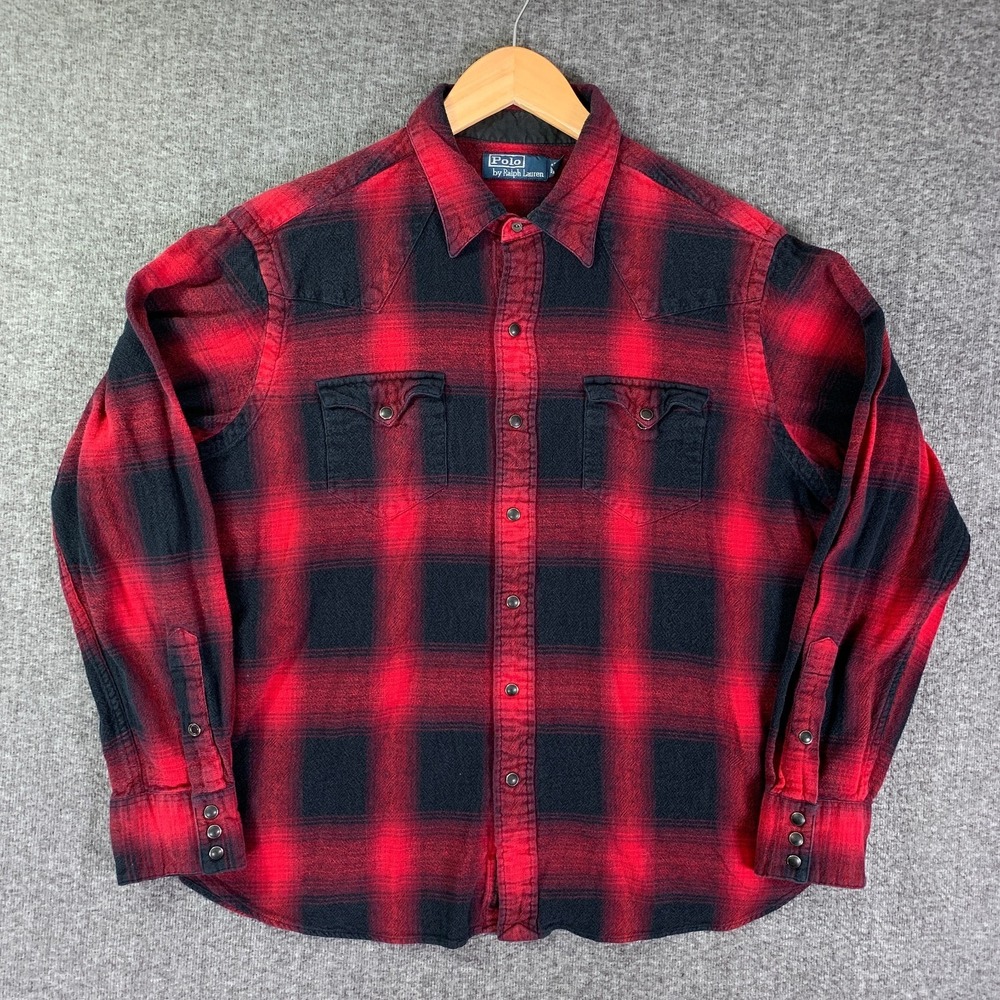 Vintage Polo Ralph Lauren Western Shirt Men XL Pearl Snap Red Buffalo Plaid
